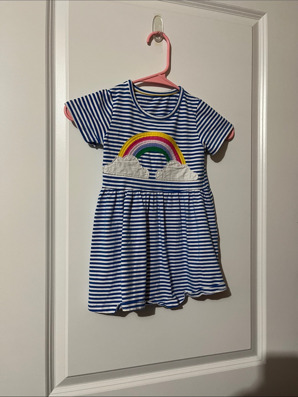 Girls' Blue & White Striped Dress with Rainbow Appliqué